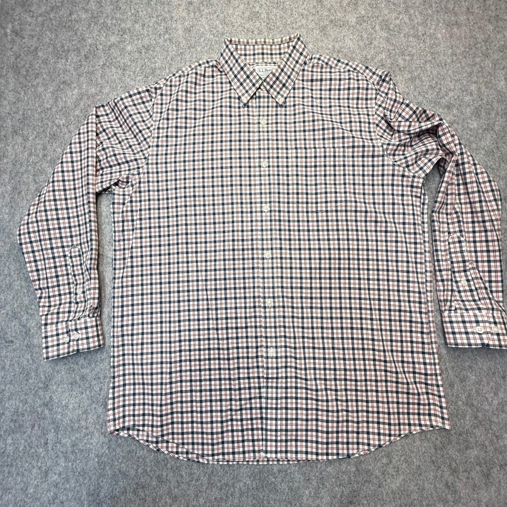 L.L. Bean Button Down Shirt Mens L Plaid 100% Cotton Navy Red Traditional Fit